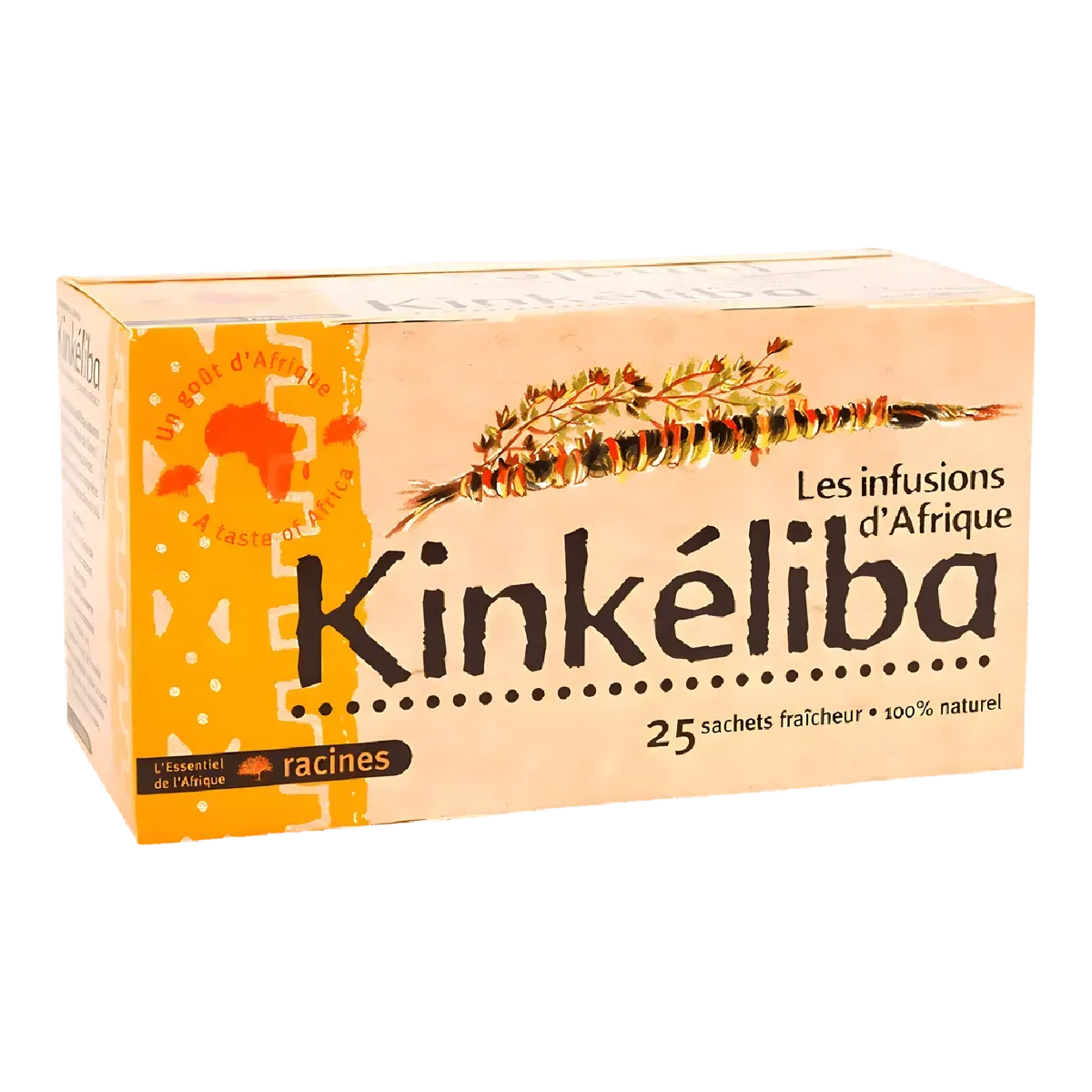 Boîte d'infusion d'Afrique Kinkeliba RACINES, 25 sachets fraîcheur 100% naturel, boisson traditionnelle bienfaisante d'Afrique de l'Ouest.